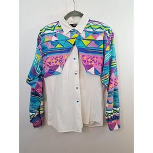 Roper VTG Women's 90's Pink Blue Geometric Print Western Shirt Medium Cowgirl